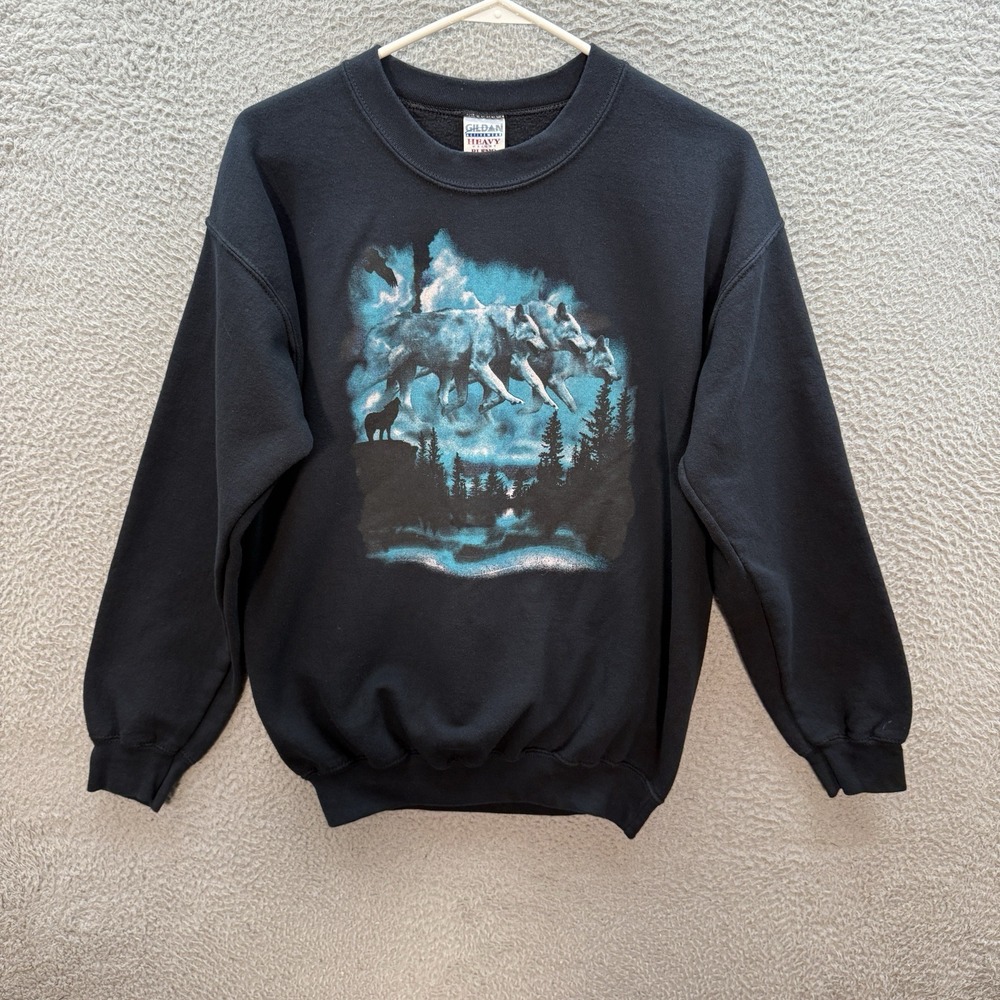 Vintage‎ Gildan Sweatshirt Adult Medium Black Crewneck Nature Wolf Grunge Y2K